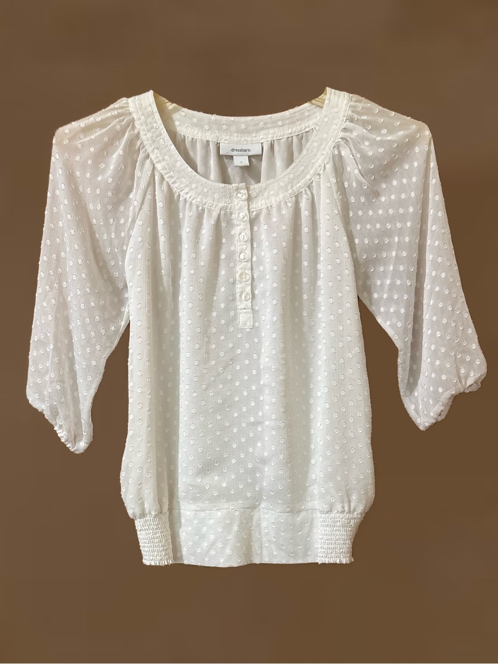 Women’s Small Dressbarn White Swiss Dot Peasant Top